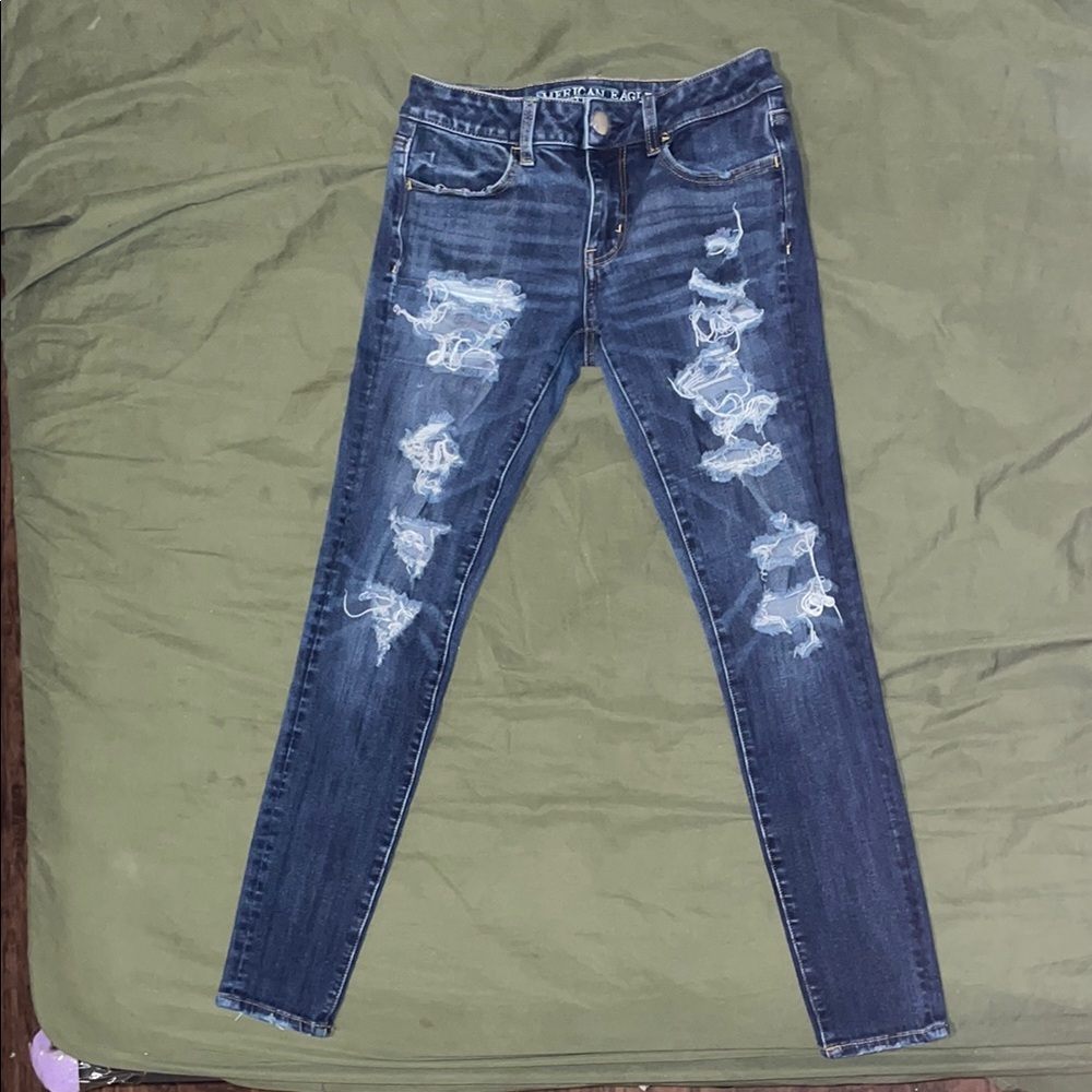 American Eagle Outfitters Blue Skinny Jeans with Distressed Details